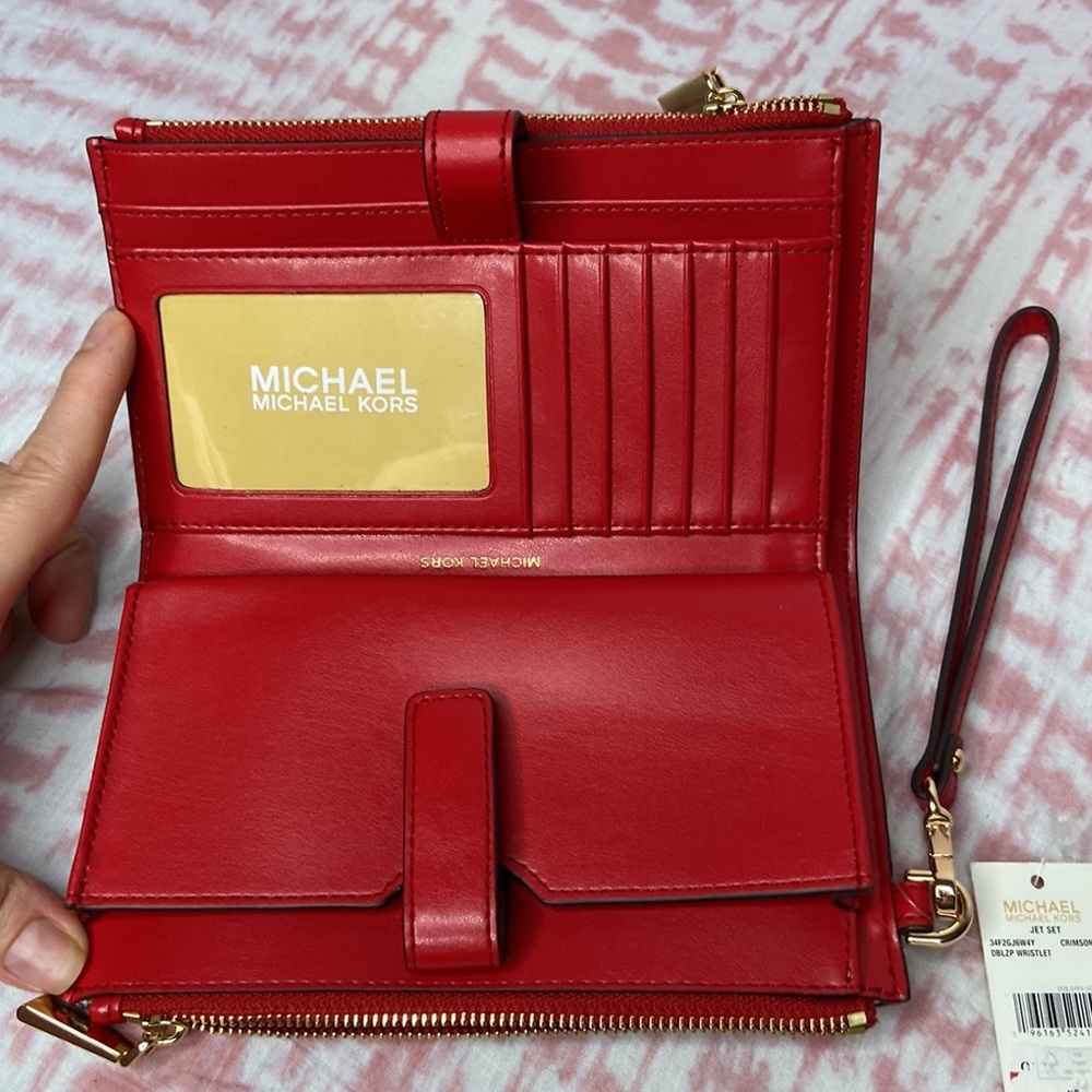 NWT MSRP$198 Michael Kors Jet Set Crimson Glitter Logo Double Zip Wristlet Gift - Picture 4 of 7